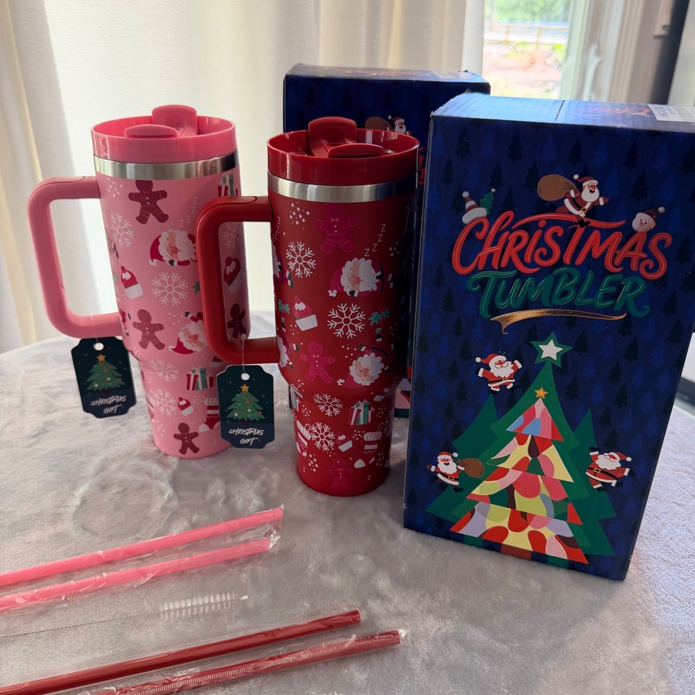 TaroKitc Christmas Tumbler 40oz Insulated Stainless Steel Mug Pink Red Santa Set